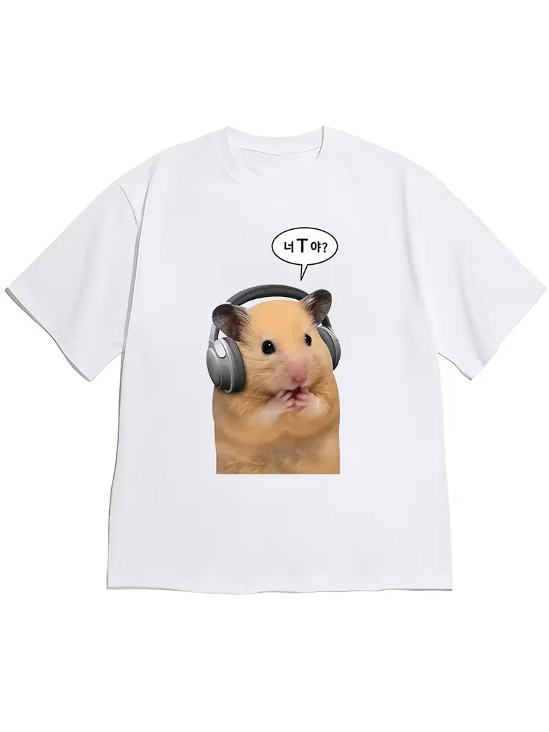 Funny Hamster Meme Graphic T-Shirt Cute K-pop Hamster Headphones Novelty Tee Casual Loose Fit Short Sleeve Top for Men Women