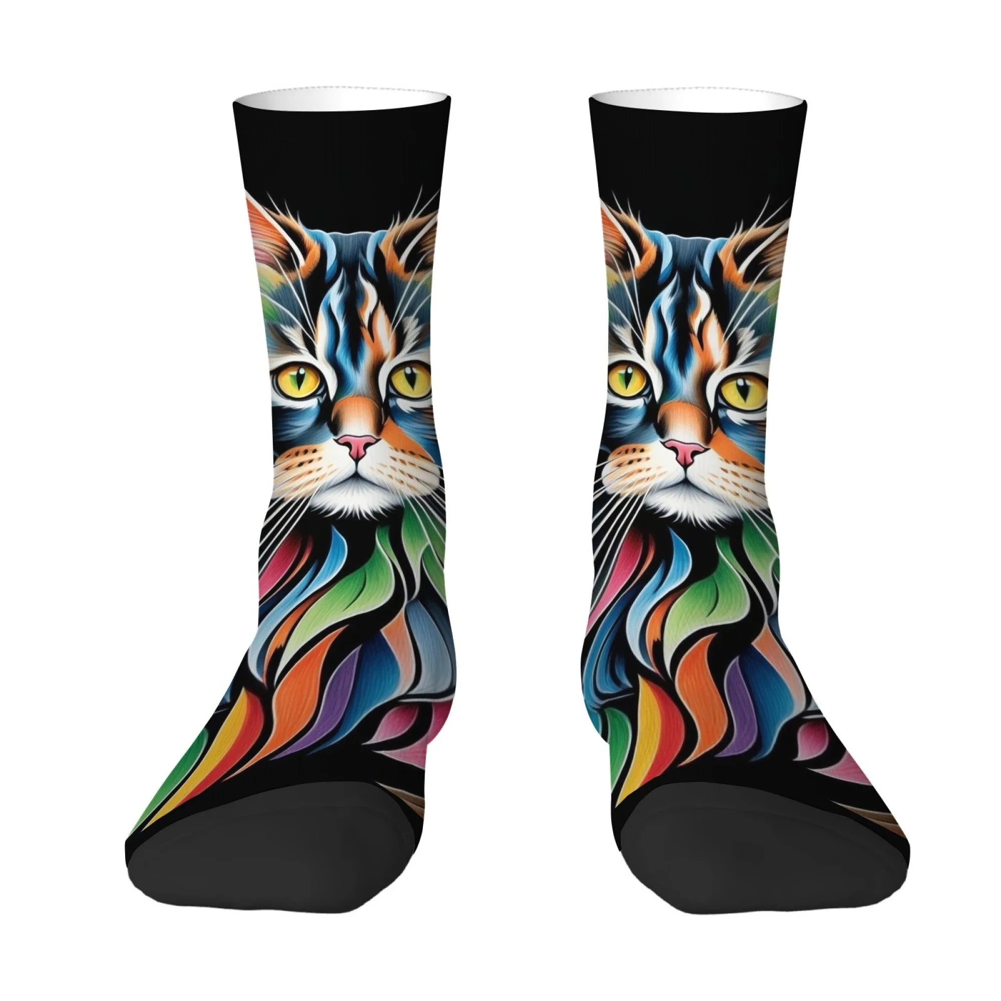 Rainbow Maine Coon Cat Themed Men's Mid-Calf Socks Non-Slip Skin-Friendly Soft Funny Stylish Streetwear Outdoor Skateboard Socks