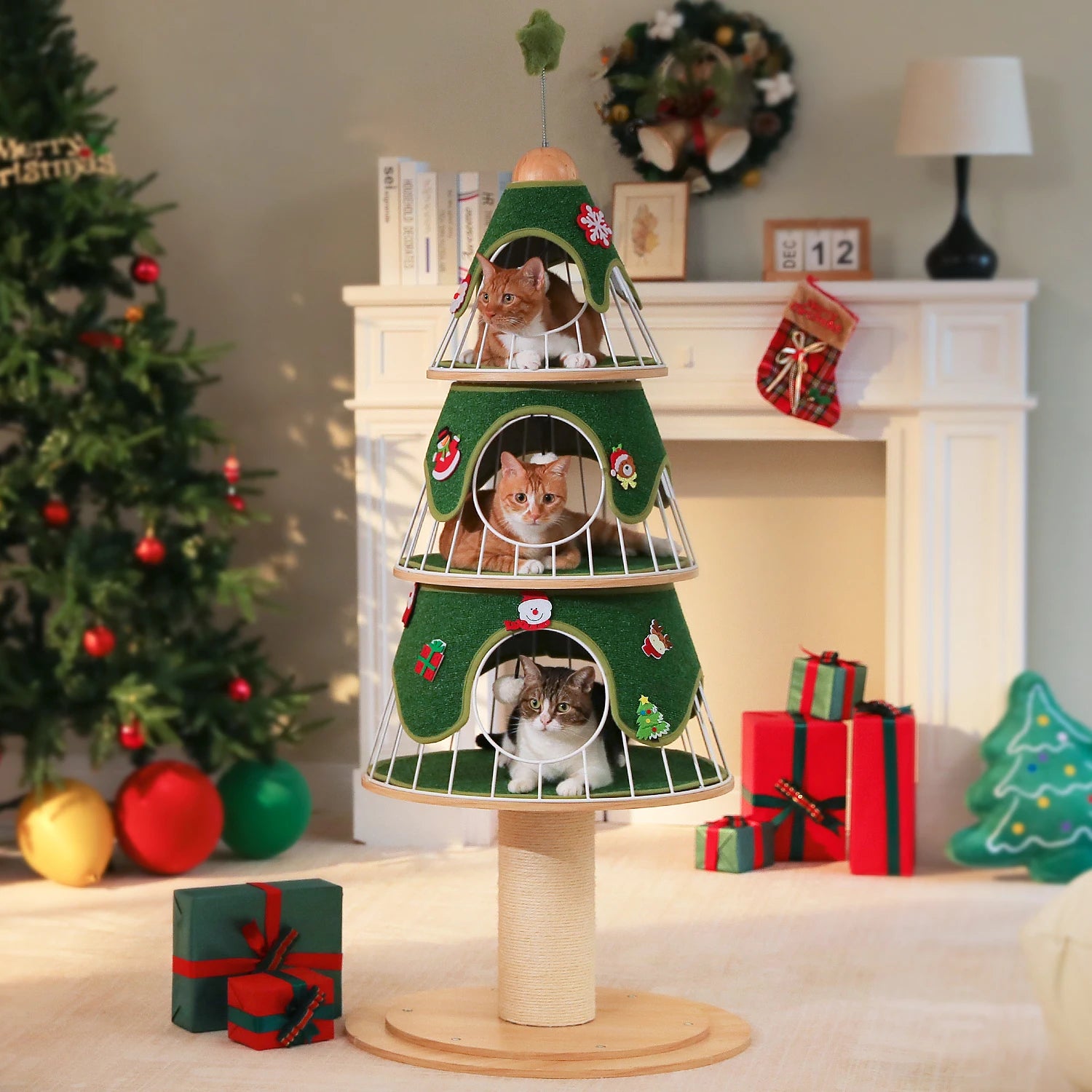 Christmas Cat Tree Tower with 3 Cozy Condos & Pompoms Multi-Level Cat House Bed for Indoor Cats Modern Cat Furniture Cat Toys