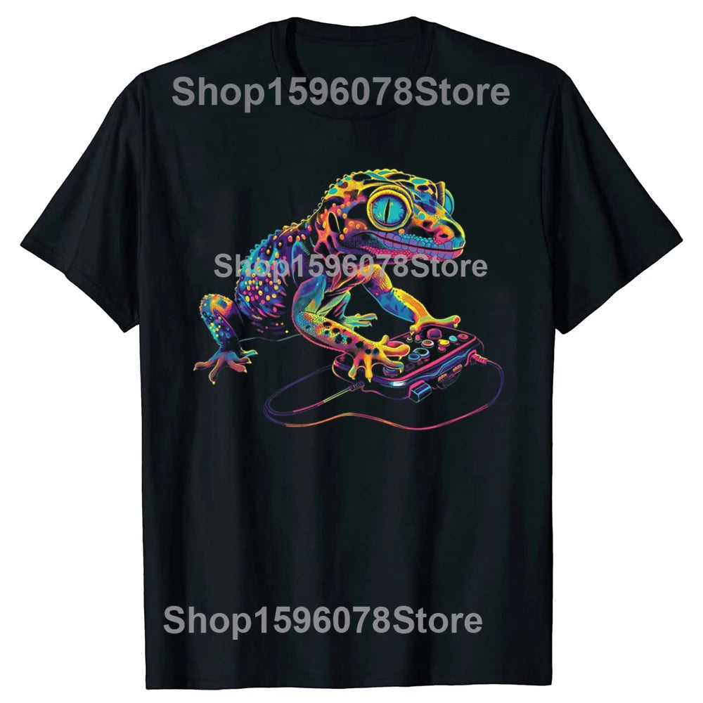 Funny Leopard gecko lizard game controller Graphic T Shirts Men Cotton Streetwear Tee Shirt Short Sleeve Unisex Loose Clothing