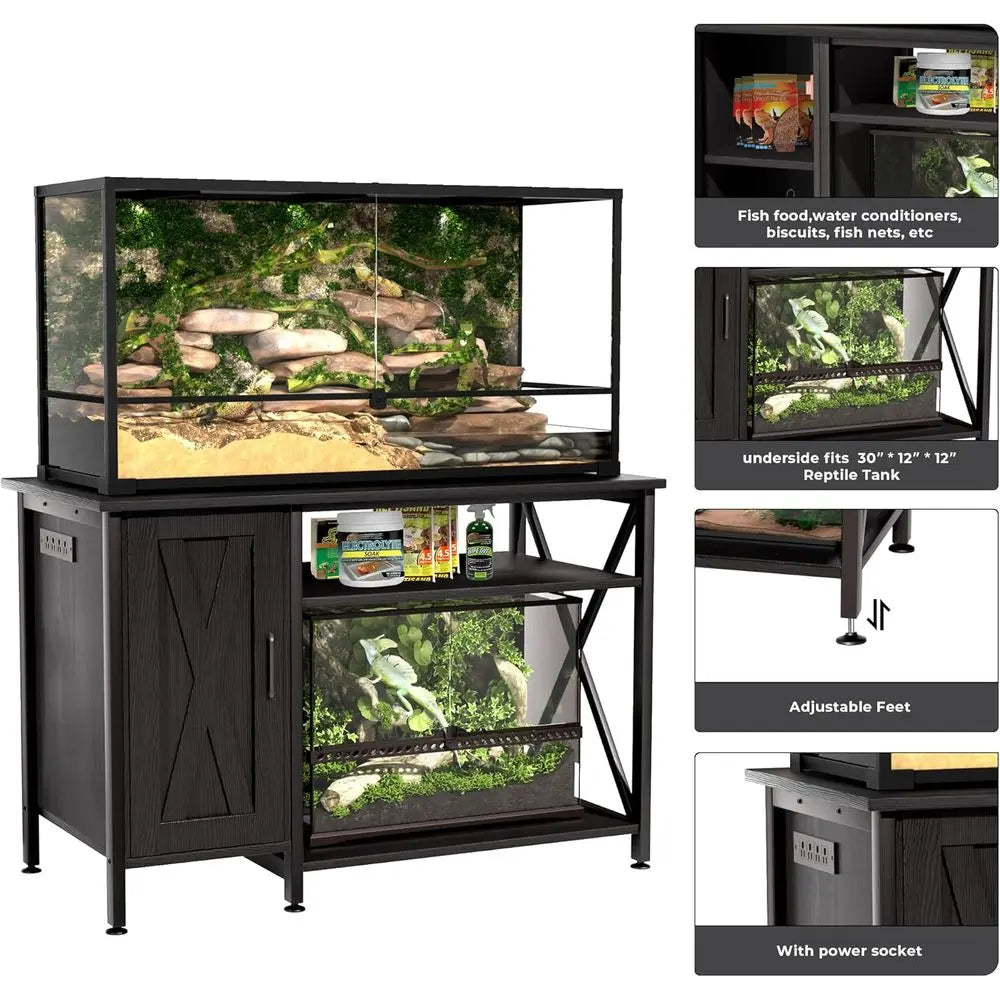 40-120 Gallon Black Reptile Tank Stand with Storage and Power Outlet, 48x24 Tabletop