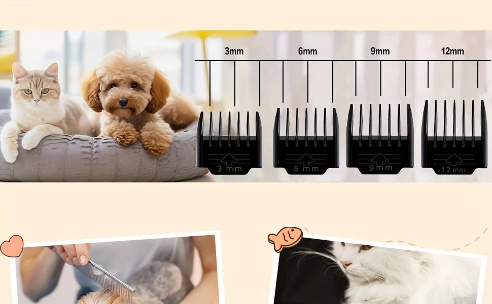 Low-noise professional USB rechargeable pet grooming tool set, equipped with thickened ceramic blades and 4 different blade head