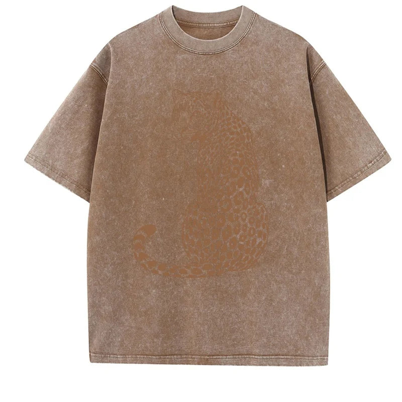 Leopard Tiger T-Shirt Vintage Washed Unisex Boho Animal T Shirt Men Women Nature Lover Tee Casual Round Neck Tops