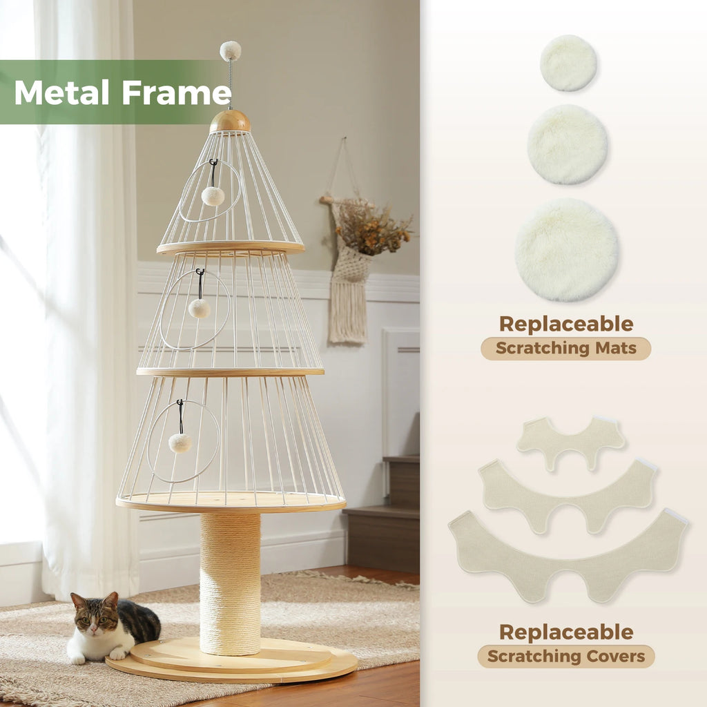 Christmas Cat Tree Tower with 3 Cozy Condos & Pompoms Multi-Level Cat House Bed for Indoor Cats Modern Cat Furniture Cat Toys