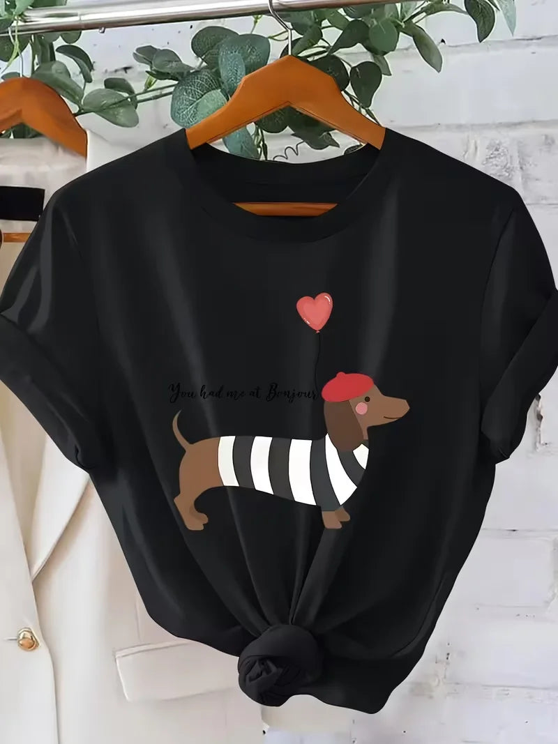 French Style Dachshund T-Shirt Funny Animal Graphic Tee You Had Me At Bonjour Slogan Streetwear Casual Loose Summer Top Unisex