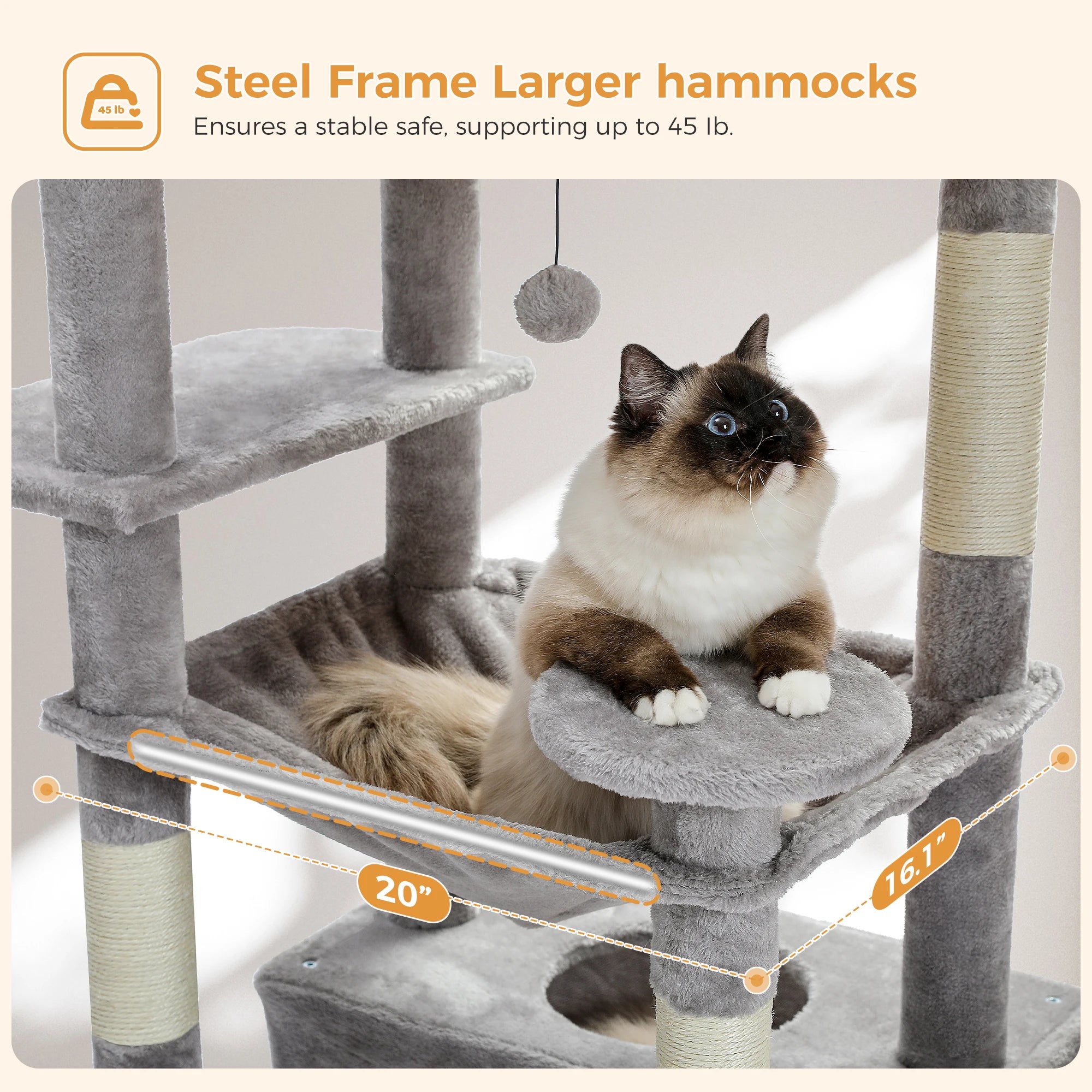 Multi-Level Cat Tree Tower with Scratching Posts&Board, Hammock, Cat Condo, Spacious Top Perch,Dangling Balls for Indoor Cats