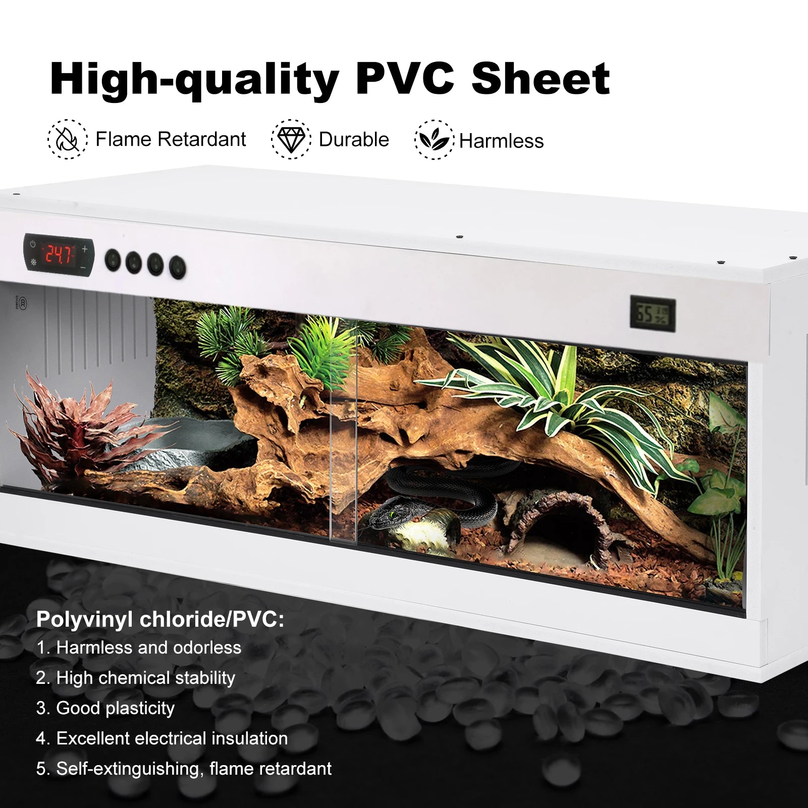 Stackable Reptile Terrarium, PVC Bearded Dragon Enclosure – Tempered Glass Tank for Amphibians Reptilians Arachnids Pets Habitat