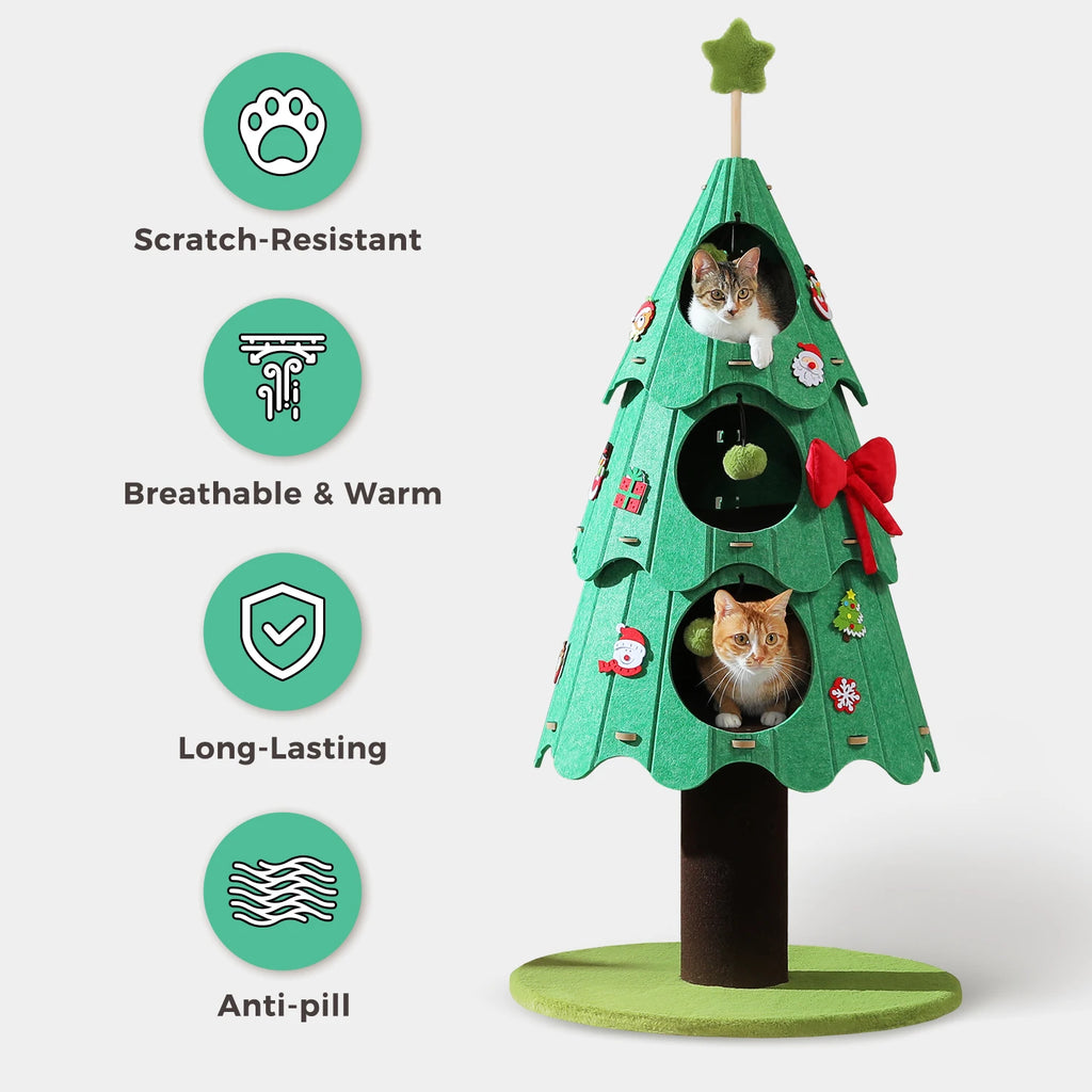 Christmas Cat Tree Tower with 3 Cozy Condos & Pompoms Multi-Level Cat House Bed for Indoor Cats Modern Cat Furniture Cat Toys