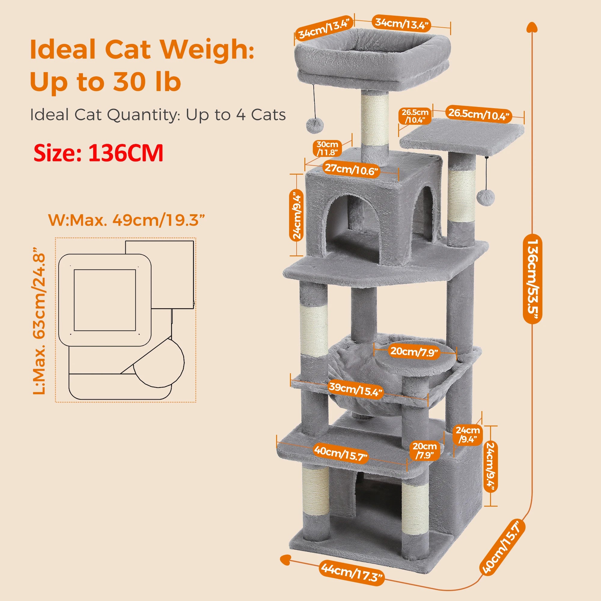 PAWZ Road 72" Large Cat Tree Tower with Hammock and Condo