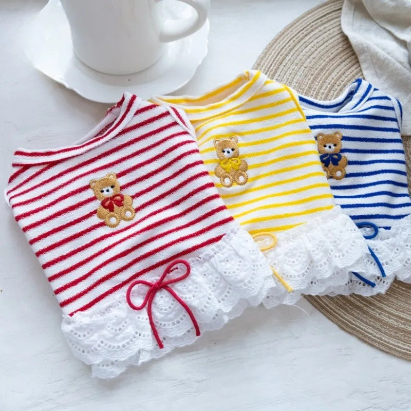Pet Thin Striped Dress Dog Teddy Small Dog Yorkshire Lace Vest Dog Dresses for Small Dogs Puppy Clothes