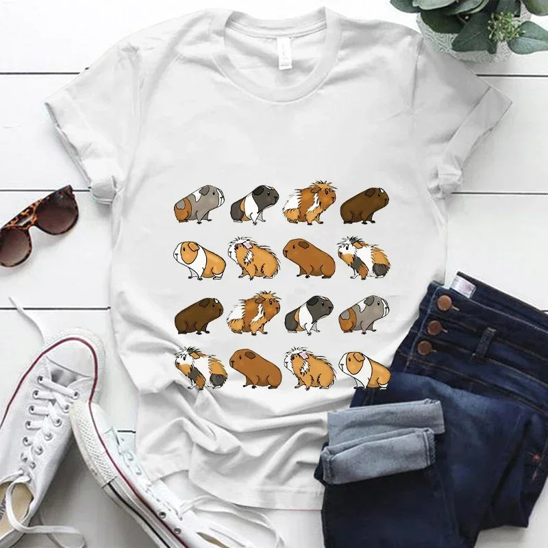 Kawaii Cartoon Guinea Pig Print T Shirt Women Fashion T Shirt Casual Tops 90s Girls Ladies Female Short Sleeve Cute Graphic Tees