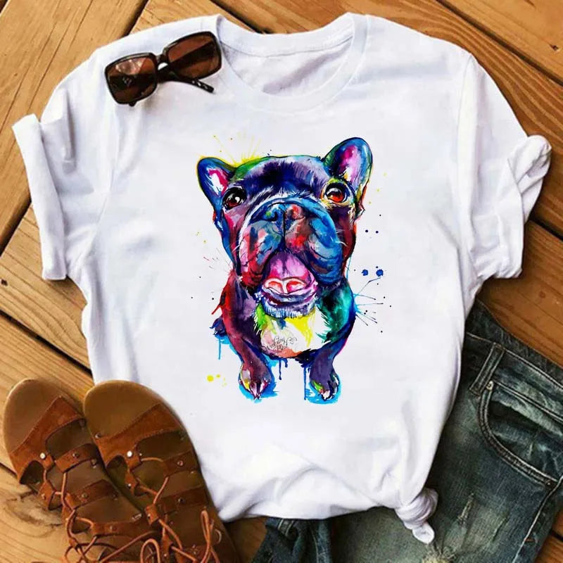 Cute French Bulldog T-shirt Animal Harajuku Print Pattern Shirt Fun French Bulldog Short Sleeves Animal Lover Tshirt dog mom Tee