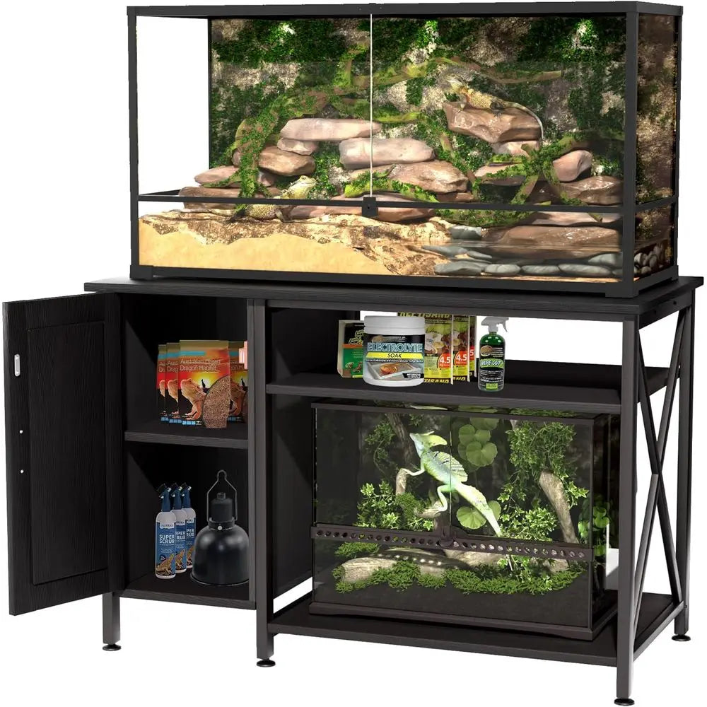 40-120 Gallon Black Reptile Tank Stand with Storage and Power Outlet, 48x24 Tabletop
