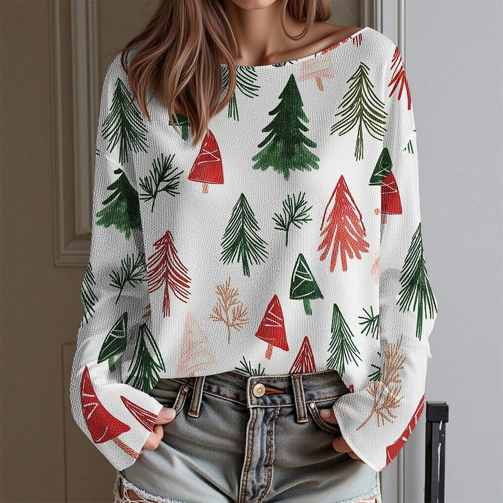 Dachshund Ugly Christmas Party T-Shirt Women's Sexy Off-Shoulder Long Sleeve Top Funny Xmas Dog Print Holiday Blouse Plus Size
