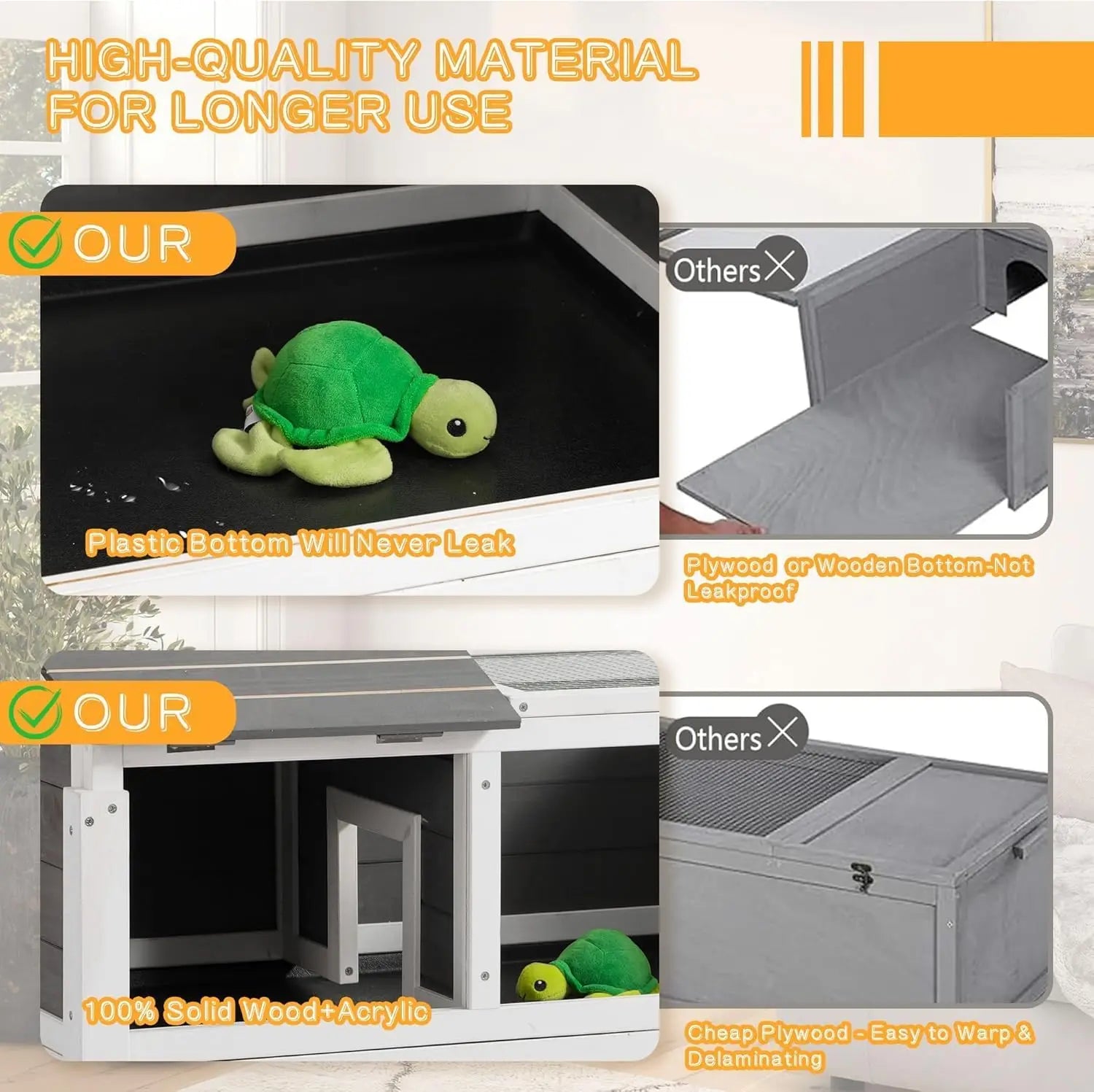 Wooden Tortoise Habitat with Shelf Storage and Adjustable Lamp Holder,Indoor Outdoor Reptile Cage Turtle Enclosure