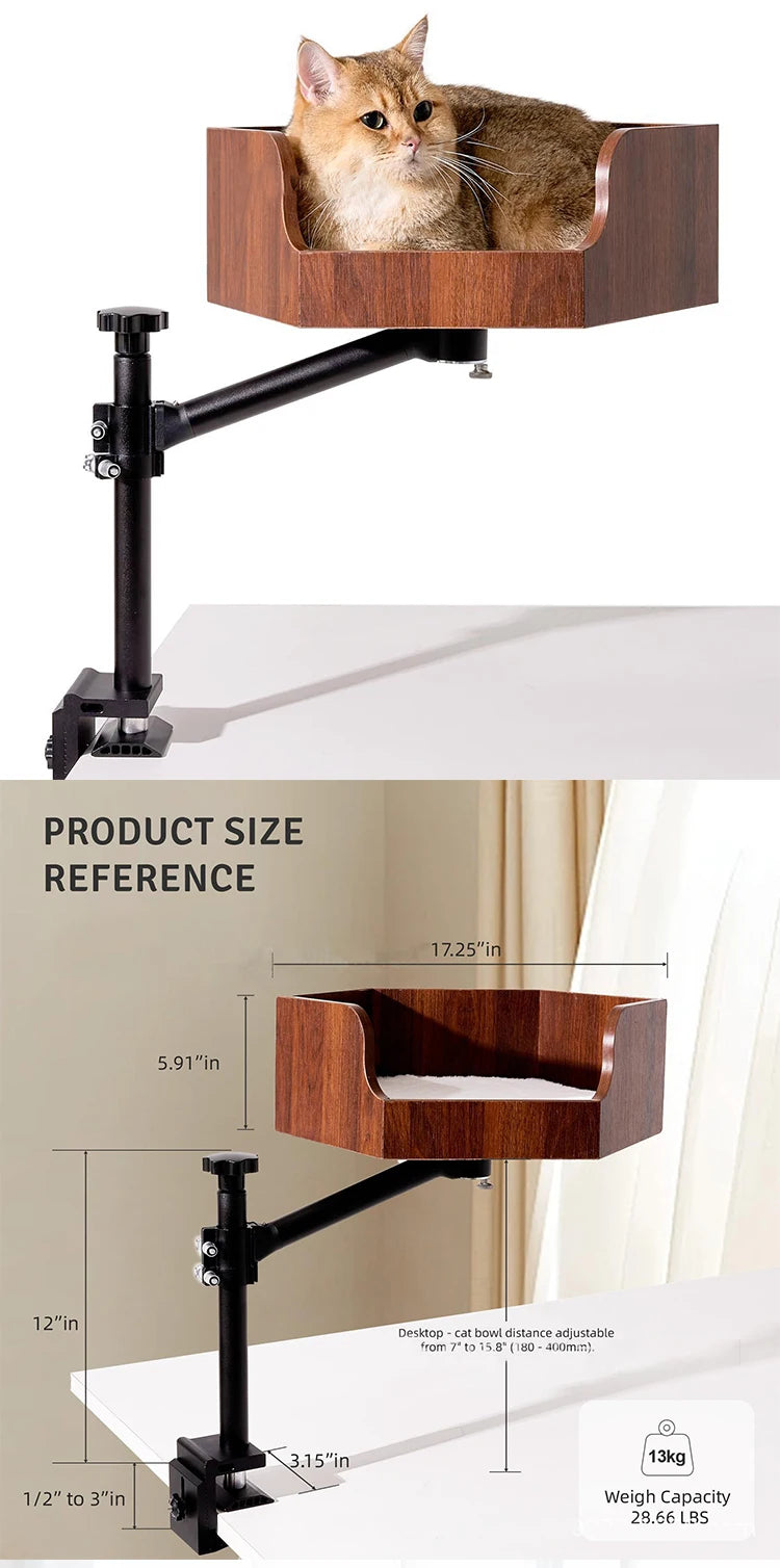 Height-Adjustable Wooden Cat Desk Bed - Metal Frame Safe Cat Rack, Top Choice for Cat Lovers