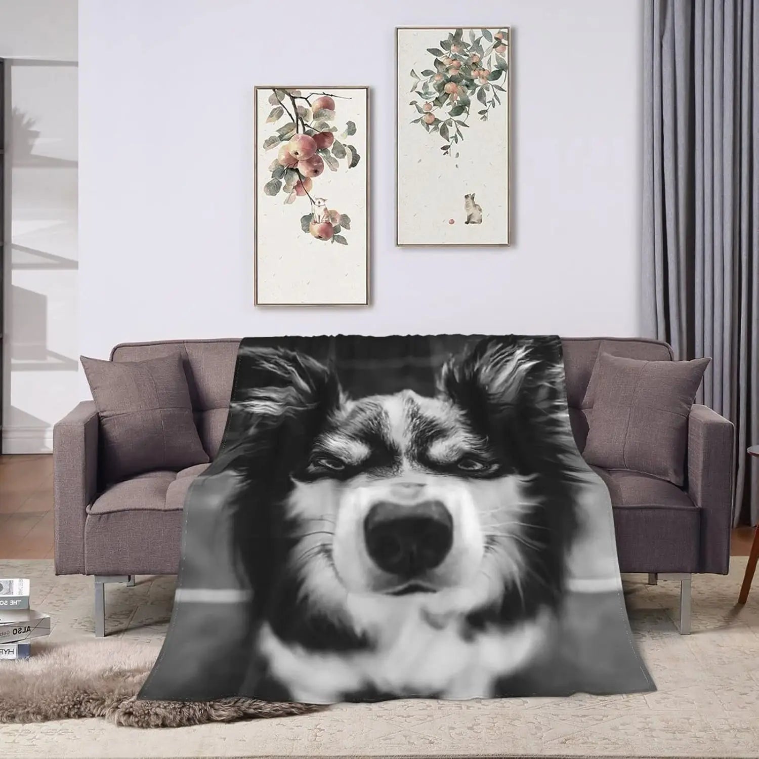 Australian Shepherd Dog Face Blanket Black White Print Soft Fleece Throw Pet Lover Gift Home Decor Cozy Bedding Accessory