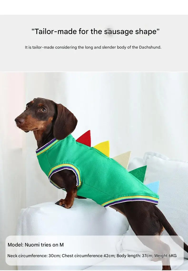Dachshund Dinosaur Vest, Blue/Green S/M/L, Cute Pet Costume, Breathable Four-Legs Outfit for Small Dogs