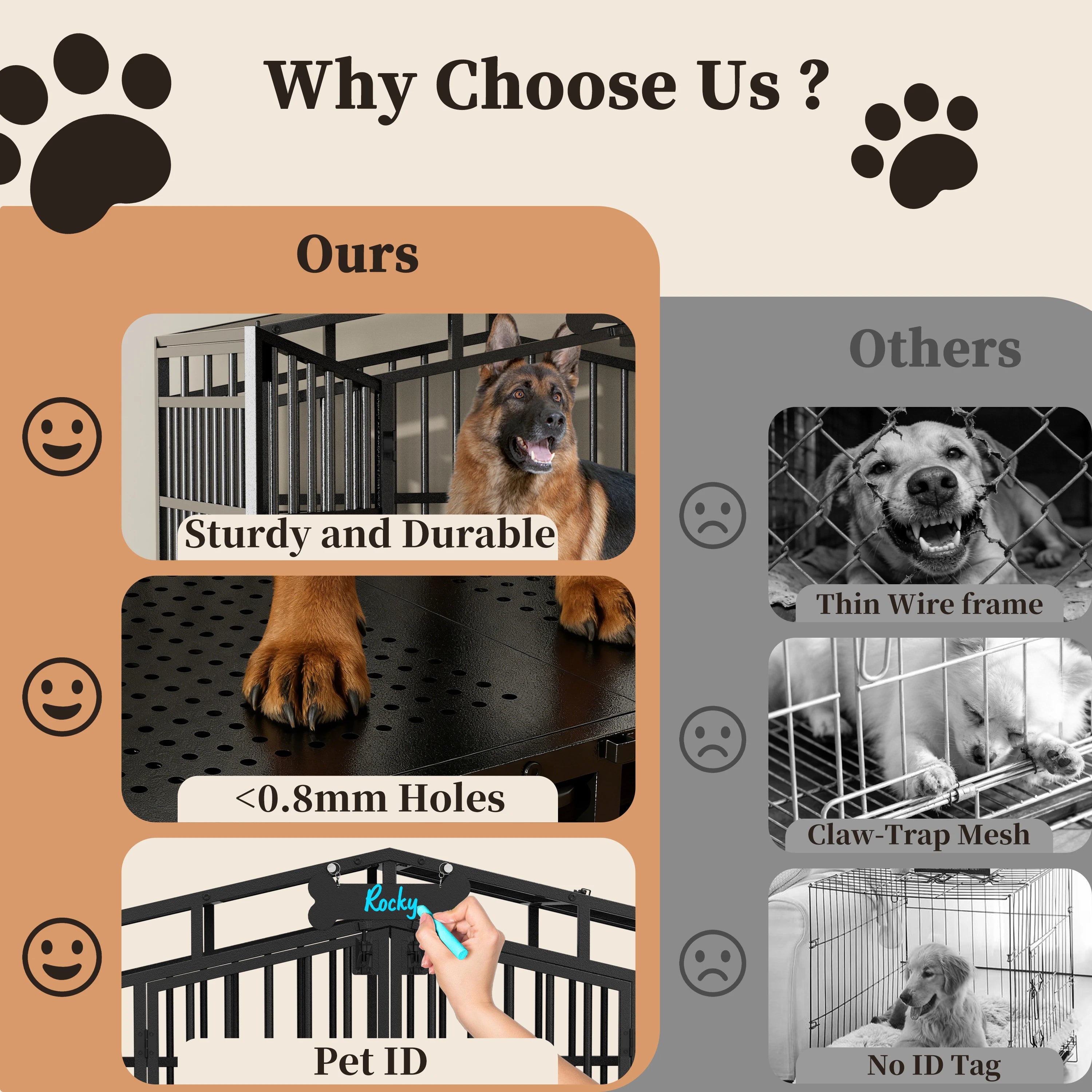 EasyCom 41"/48" Heavy Duty Dog Crate Extra Large Metal Dog Kennel w/ 2 Adjustable Bowls, Open Top & Lockable Wheels,for Big Dogs