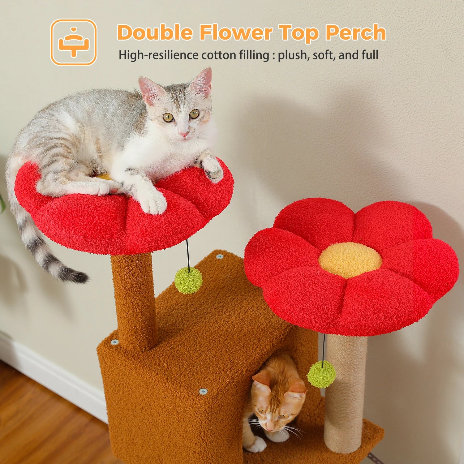 Cactus Cat Tree, 133cm Cat Tower for Indoor Cats, Cute Cat Tree with 2 Padded Perches, 2 Condos & 2 Scratching Posts