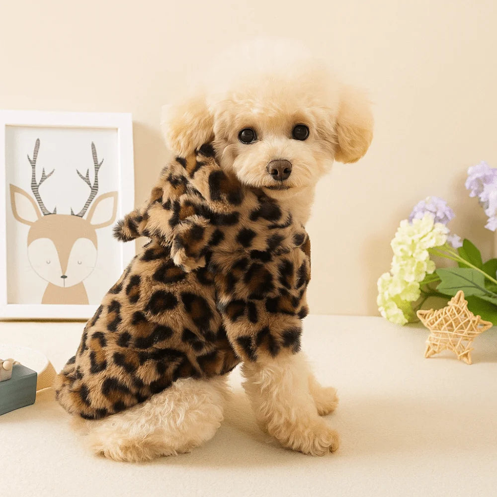 Fashion Leopard Print Dog Clothes Warm Fleece Thickened Dog Coat Jacket Teddy Pet Padded Coat Cat