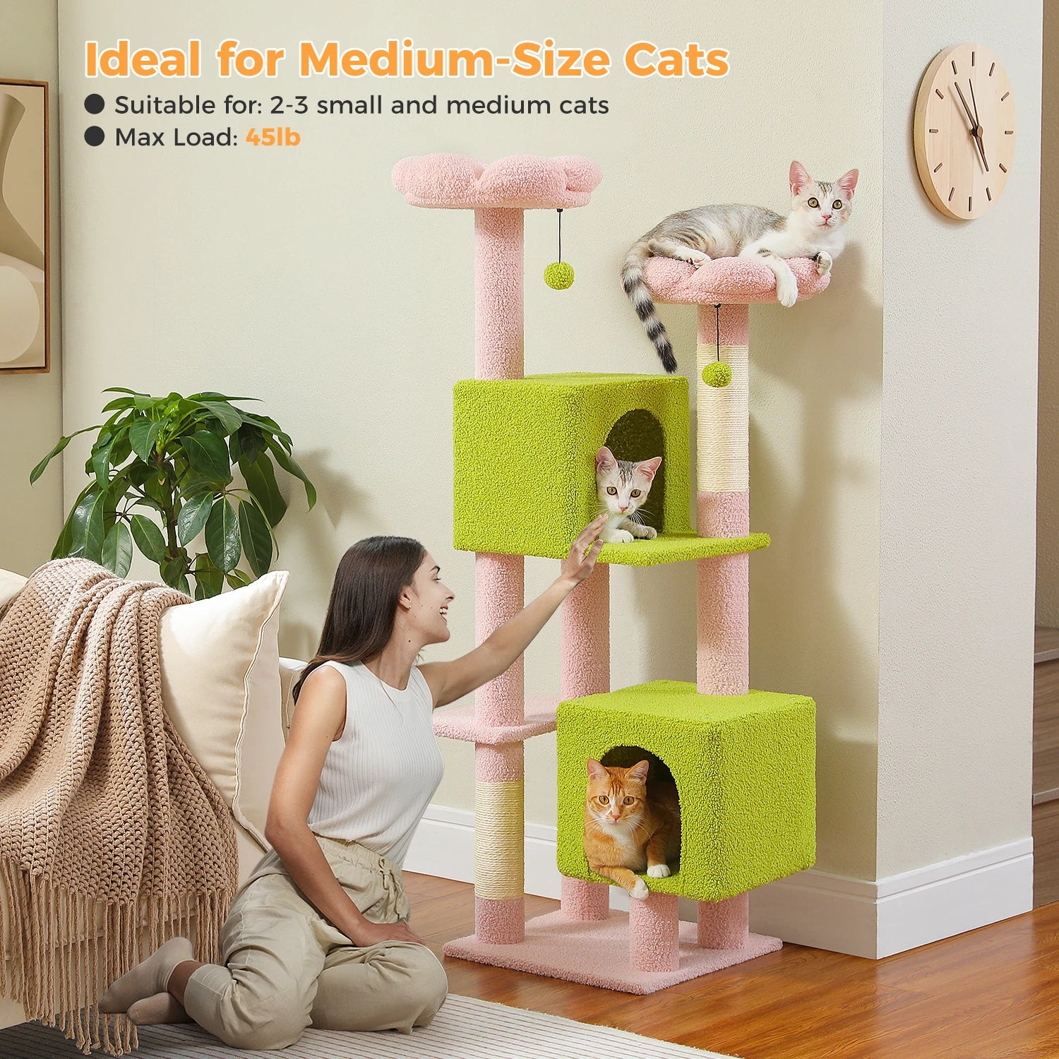 Cactus Cat Tree, 133cm Cat Tower for Indoor Cats, Cute Cat Tree with 2 Padded Perches, 2 Condos & 2 Scratching Posts