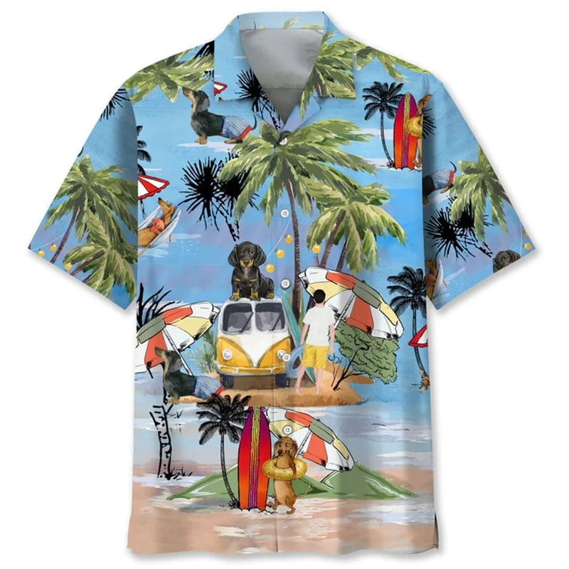 Cartoon Dachshund Dog 3d Printed Shirt For Men Animal Pets Graphics Short Sleeves Hawaiian Shirts Tops Loose Lapel Blouse