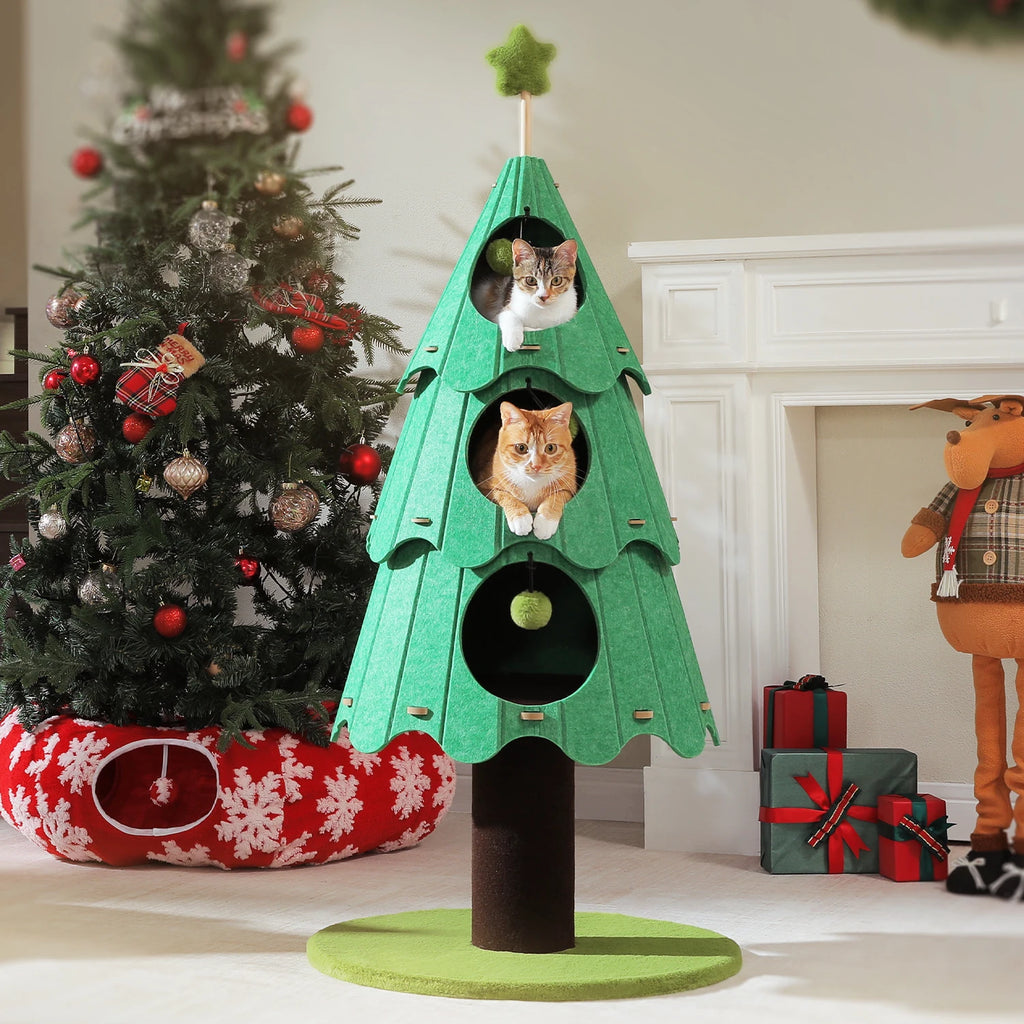 Christmas Cat Tree Tower with 3 Cozy Condos & Pompoms Multi-Level Cat House Bed for Indoor Cats Modern Cat Furniture Cat Toys