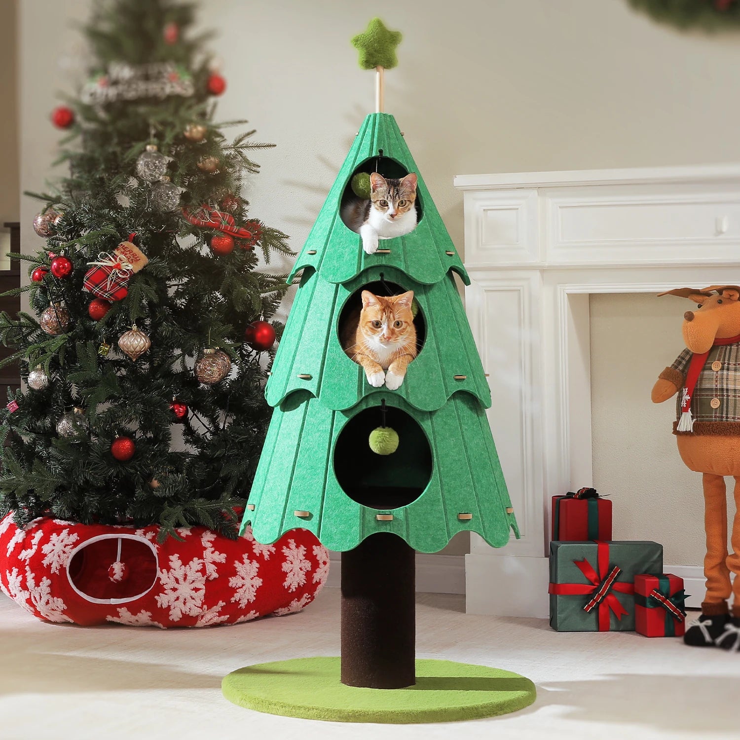 Christmas Cat Tree Tower with 3 Cozy Condos & Pompoms Multi-Level Cat House Bed for Indoor Cats Modern Cat Furniture Cat Toys