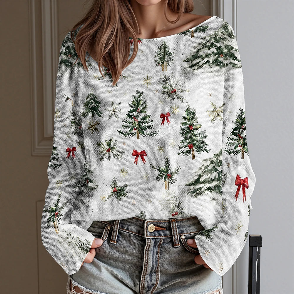 Dachshund Ugly Christmas Party T-Shirt Women's Sexy Off-Shoulder Long Sleeve Top Funny Xmas Dog Print Holiday Blouse Plus Size