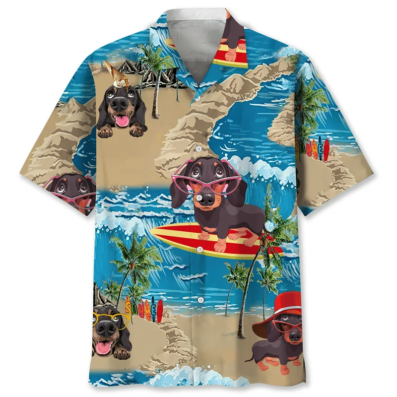 Cartoon Dachshund Dog 3d Printed Shirt For Men Animal Pets Graphics Short Sleeves Hawaiian Shirts Tops Loose Lapel Blouse