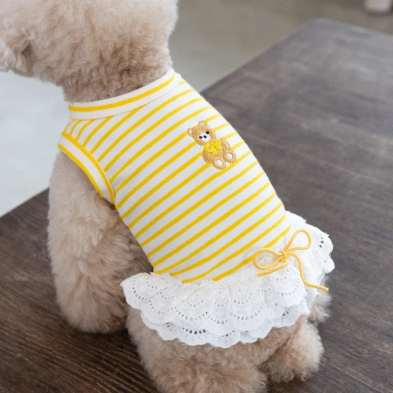 Pet Thin Striped Dress Dog Teddy Small Dog Yorkshire Lace Vest Dog Dresses for Small Dogs Puppy Clothes