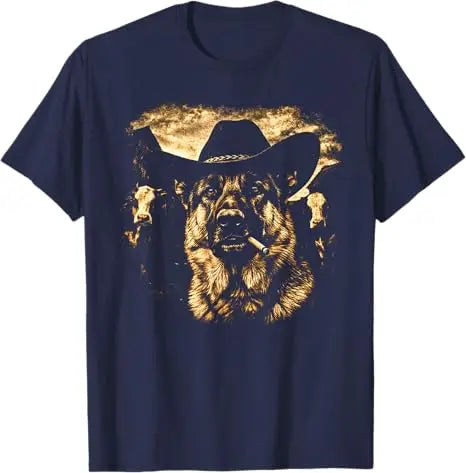 German Shepherd Western Graphic Cowboy Dog Smoking T-Shirt Ranch Farm Life Novelty Gift Men's Fashion Dog Dad Saying Tee Clothes