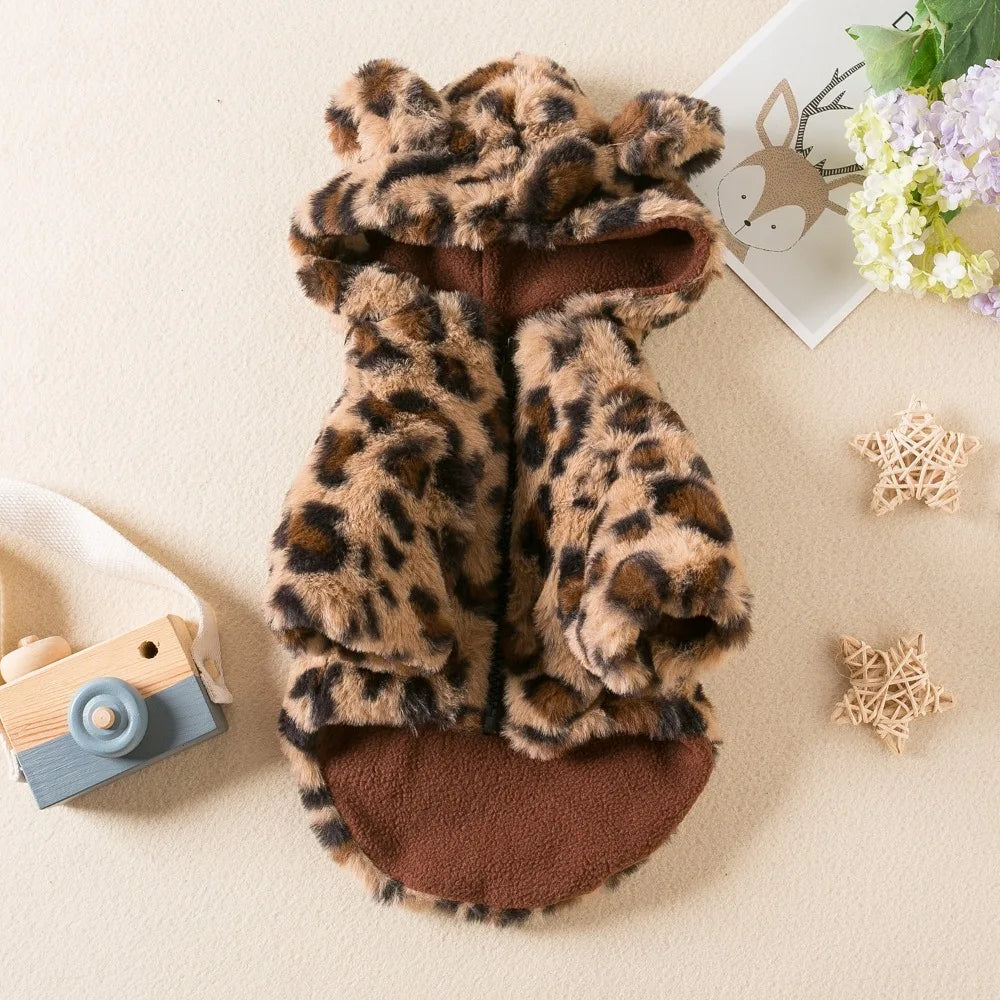 Fashion Leopard Print Dog Clothes Warm Fleece Thickened Dog Coat Jacket Teddy Pet Padded Coat Cat