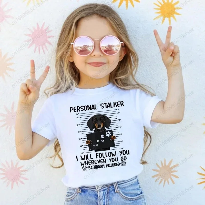 T-shirt with Dachshund Teckel dog print,fun t-shirts for babies,t-shirt for kids,white short-sleeve summer t-shirts for children
