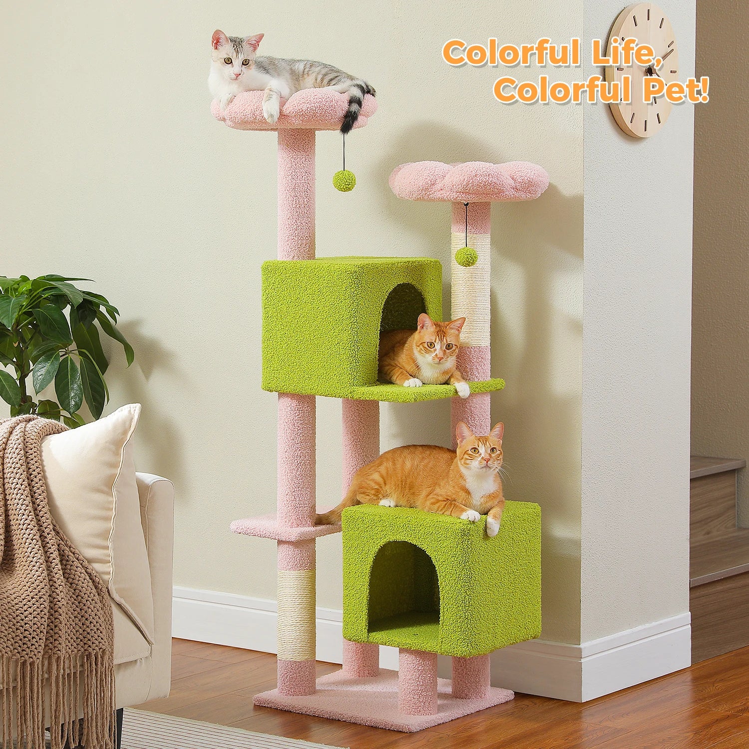 Cactus Cat Tree, 133cm Cat Tower for Indoor Cats, Cute Cat Tree with 2 Padded Perches, 2 Condos & 2 Scratching Posts