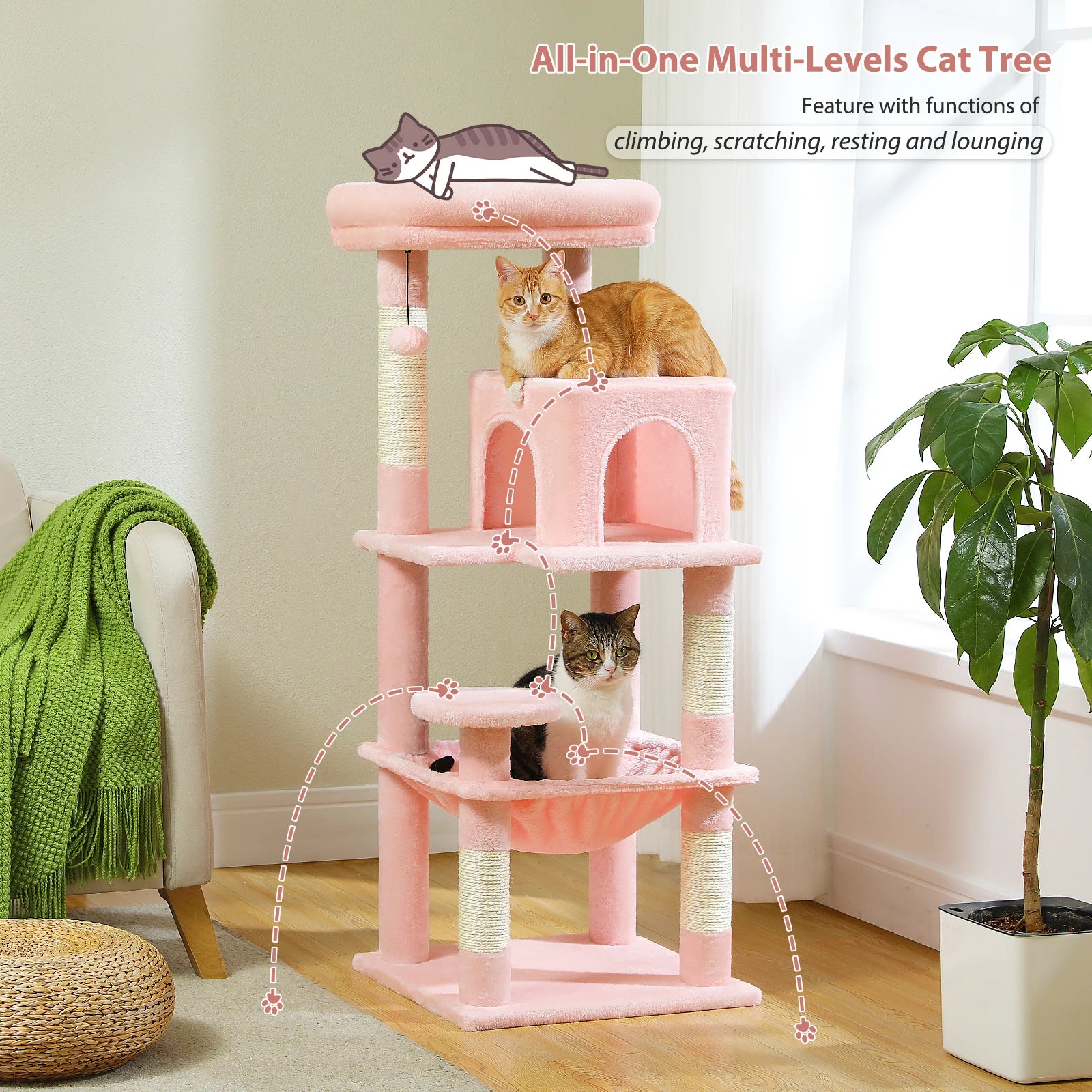 Cat Tree for Indoor Cats, 5-Level Cat Tower for Large Cats with Metal Frame Large Hammock Cat Condo with Big Top Perch