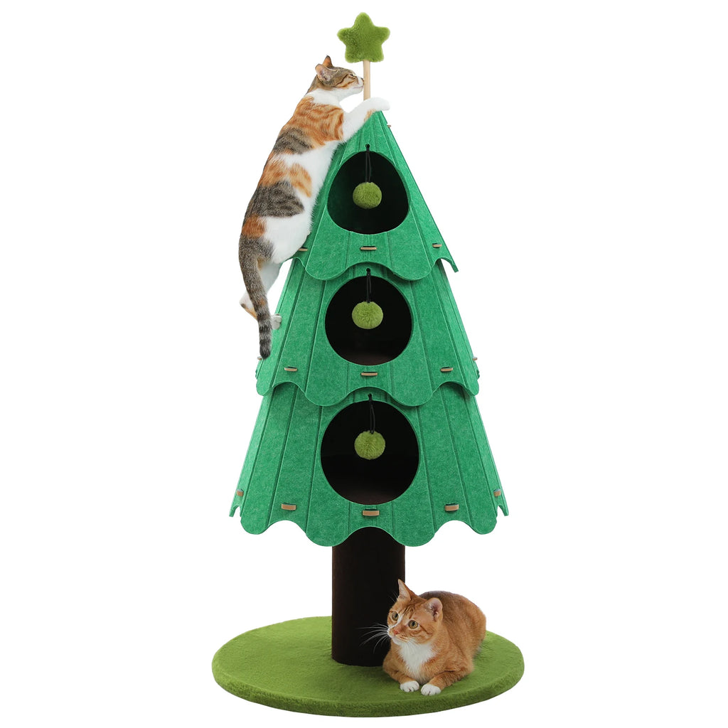 Christmas Cat Tree Tower with 3 Cozy Condos & Pompoms Multi-Level Cat House Bed for Indoor Cats Modern Cat Furniture Cat Toys