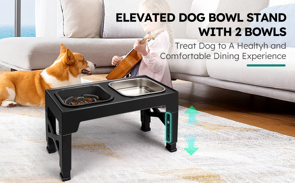Elevated Slow Feeder Dog Bowls - 5 Heights Adjustable Stand