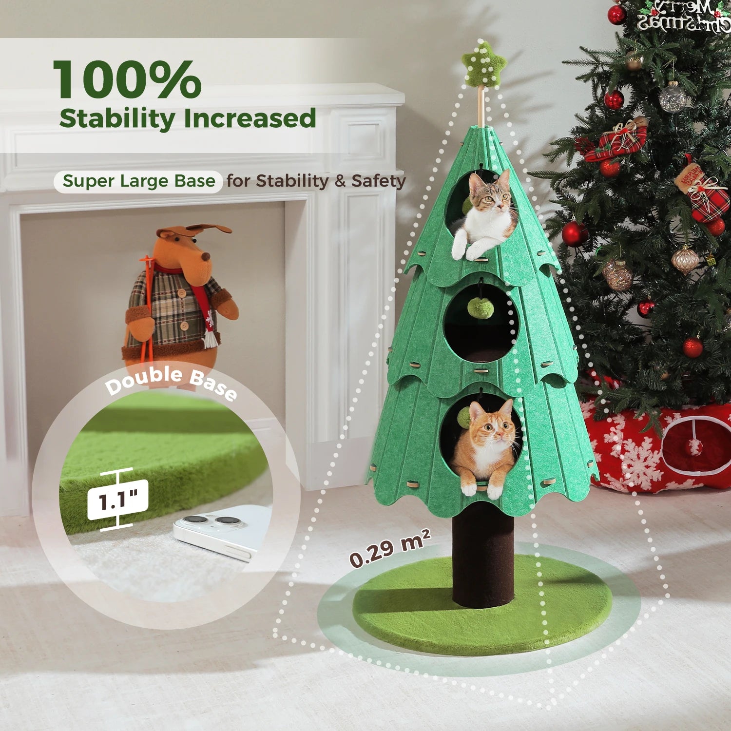 Christmas Cat Tree Tower with 3 Cozy Condos & Pompoms Multi-Level Cat House Bed for Indoor Cats Modern Cat Furniture Cat Toys