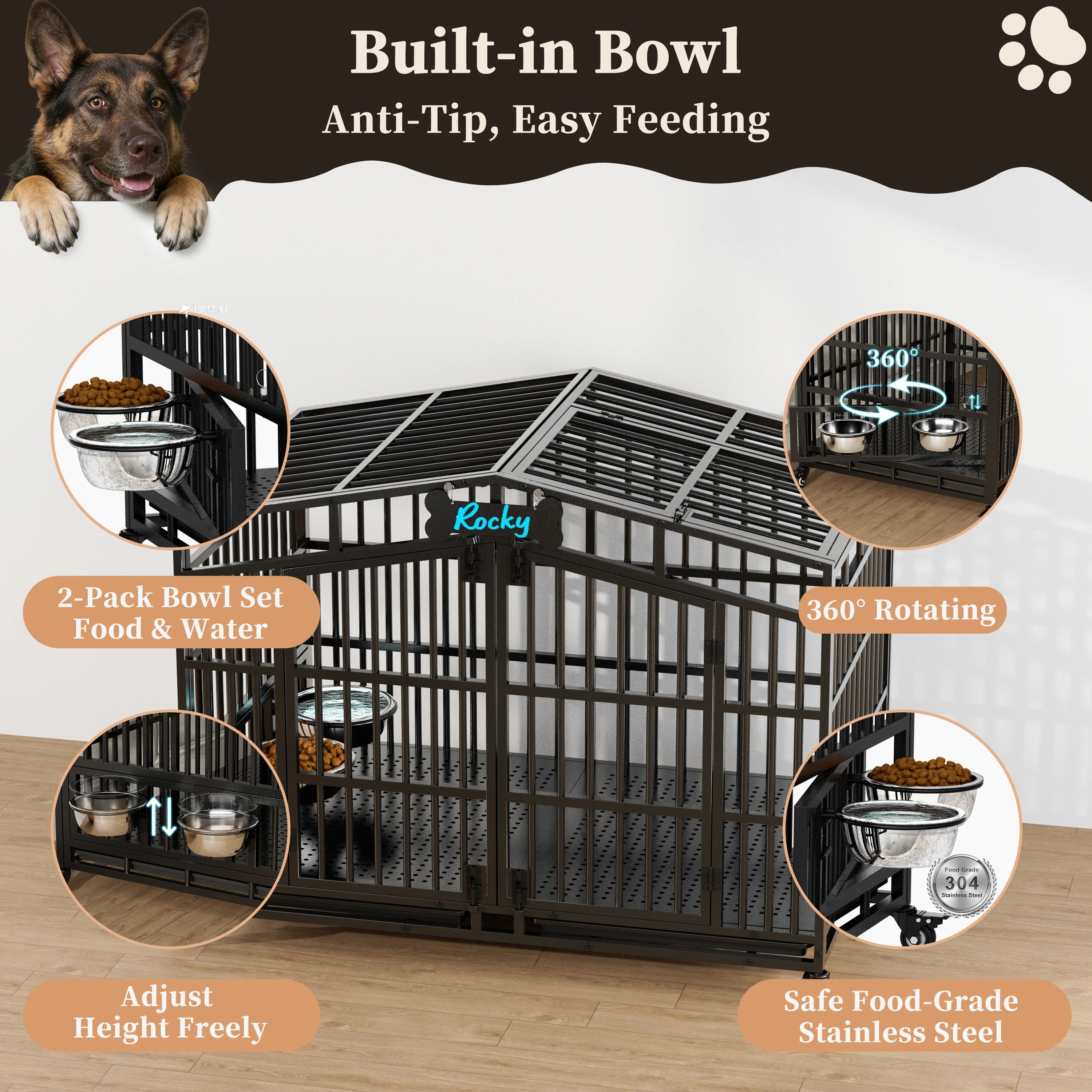 EasyCom 41"/48" Heavy Duty Dog Crate Extra Large Metal Dog Kennel w/ 2 Adjustable Bowls, Open Top & Lockable Wheels,for Big Dogs