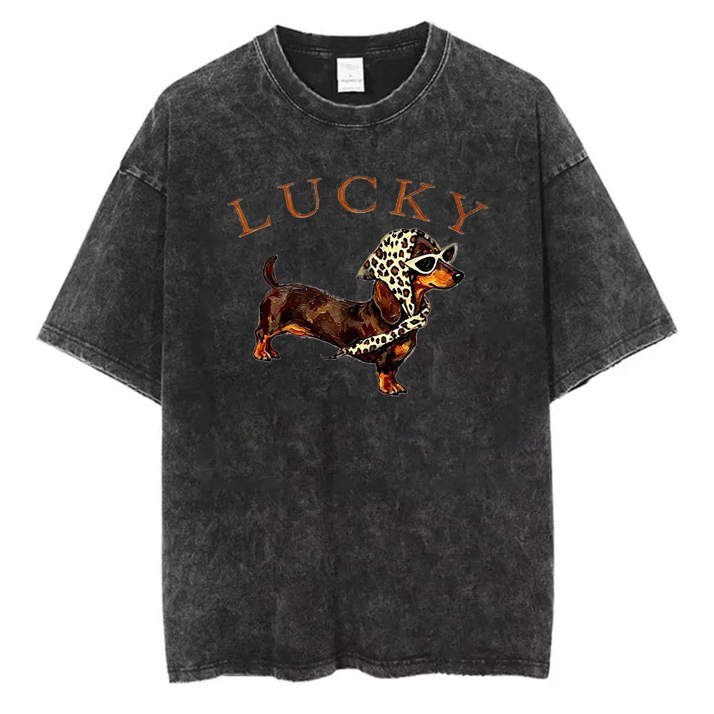 Cute Dachshund Dog Graphic Washed T Shirt Women Funny Puppy Print Tee Vintage Harajuku Streetwear Casual Short Sleeve
