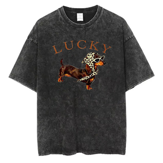 Cute Dachshund Dog Graphic Washed T Shirt Women Funny Puppy Print Tee Vintage Harajuku Streetwear Casual Short Sleeve