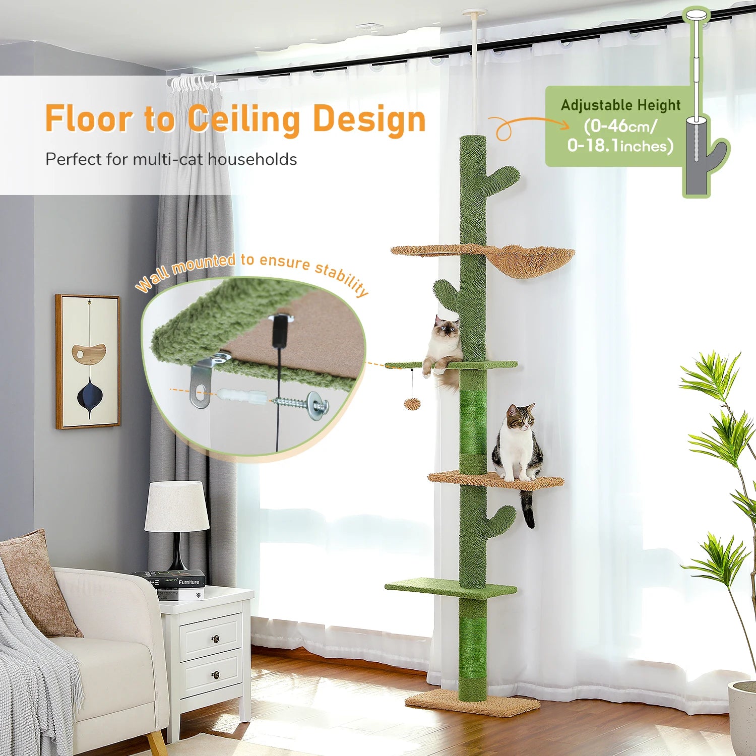 PAWZ Road 5-Tier Floor to Ceiling Cactus Cat Tree - Green