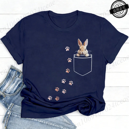 Pocket Bunny T-Shirts – Cute Rabbit Paw Prints T-Shirt Funny Bunny Graphic Tee Tops Sweet Rabbit Sitting in The Pocket Shirt