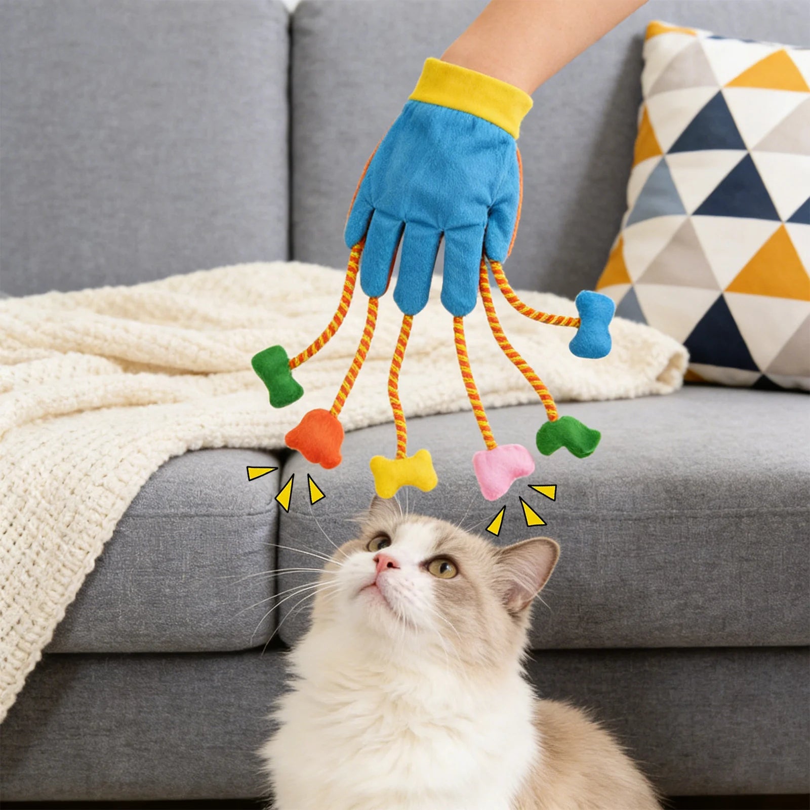 Cats Interactive Toys Funny Play Glove Toys Stuffed Plush Teaser Mitts with Built-In Bell Five- Scratch Teasing Indoor Cats Toy
