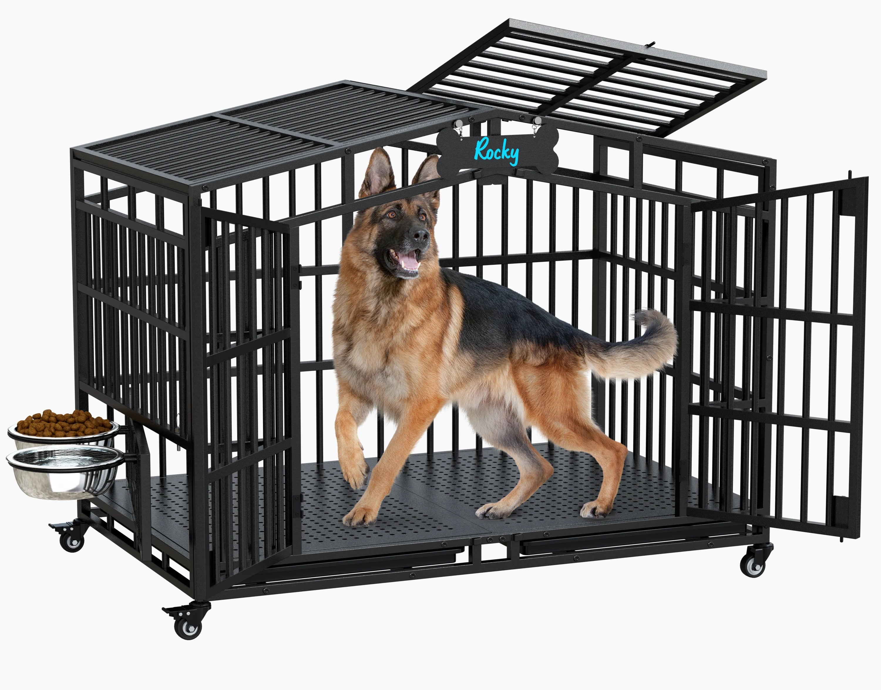 EasyCom 41"/48" Heavy Duty Dog Crate Extra Large Metal Dog Kennel w/ 2 Adjustable Bowls, Open Top & Lockable Wheels,for Big Dogs