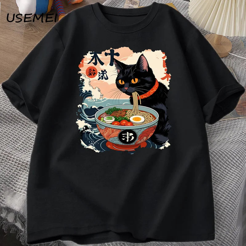 Kawaii Cat Anime Tshirt Ramen Japanese Funny Graphic Tee Kawaii Noodle Cat Tee Shirt Man Short Sleeve T-shirt Harajuku Clothes