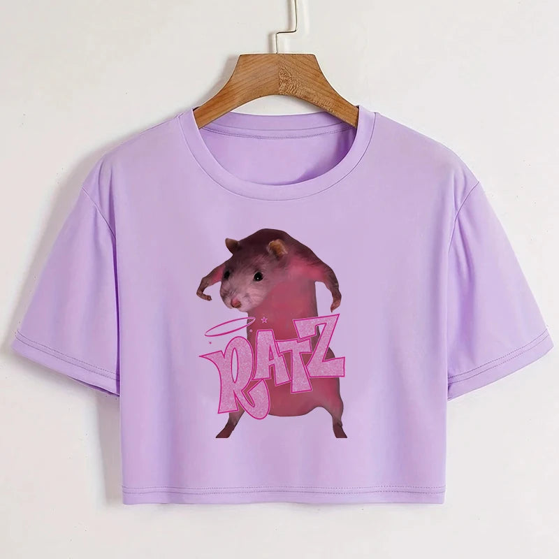 Kawaii Rat Ratz Mouse Cropped Print Crew Neck T-shirt Y2K Short Sleeve Tight Fit Crop Top Spring Summer Women's Clothing
