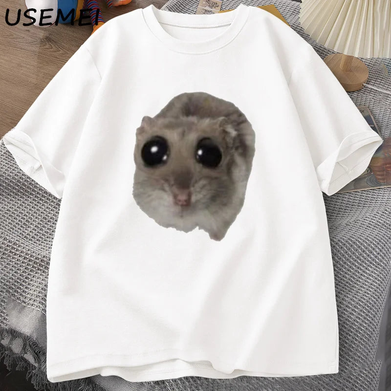 Sad Hamster T Shirt Funny Cute Cat Hamster Meme Trend T-shirt for Men Women Cotton T-shirt Summer Short Sleeve Unisex Tee